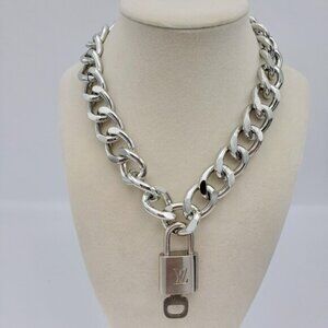 Stainless Steel Silver-Plated Necklace with Authentic Louis Vuitton Padlock
